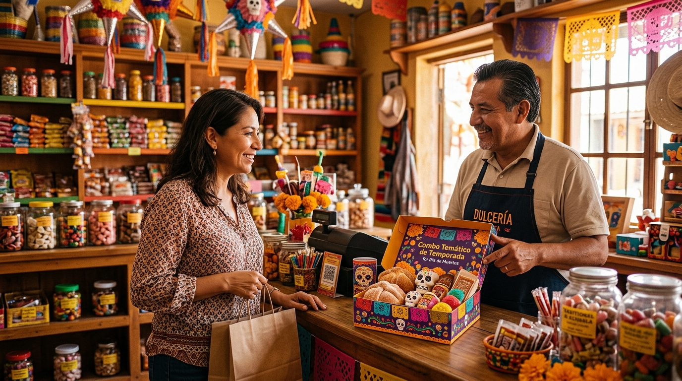 Cliente en mostrador de dulcería con dependiente ofreciendo combo temático de temporada