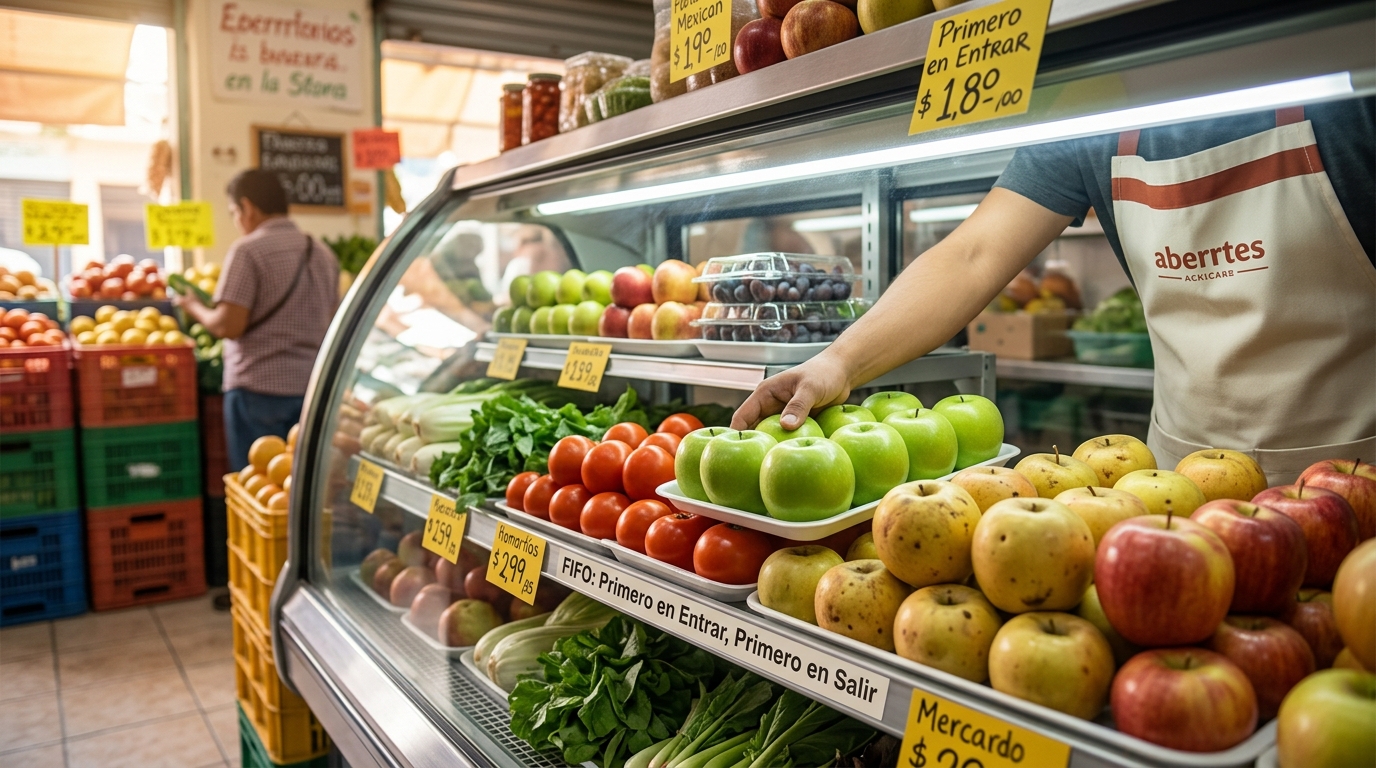 Acomodo FIFO de frutas y verduras en góndola refrigerada con producto viejo al frente