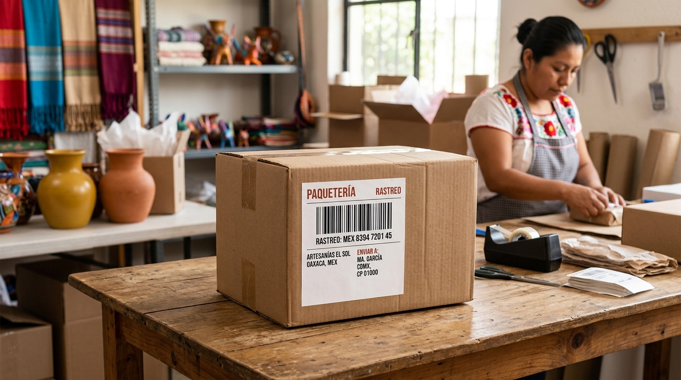 Etiqueta de paquetería pegada en caja con código de barras y número de rastreo visible