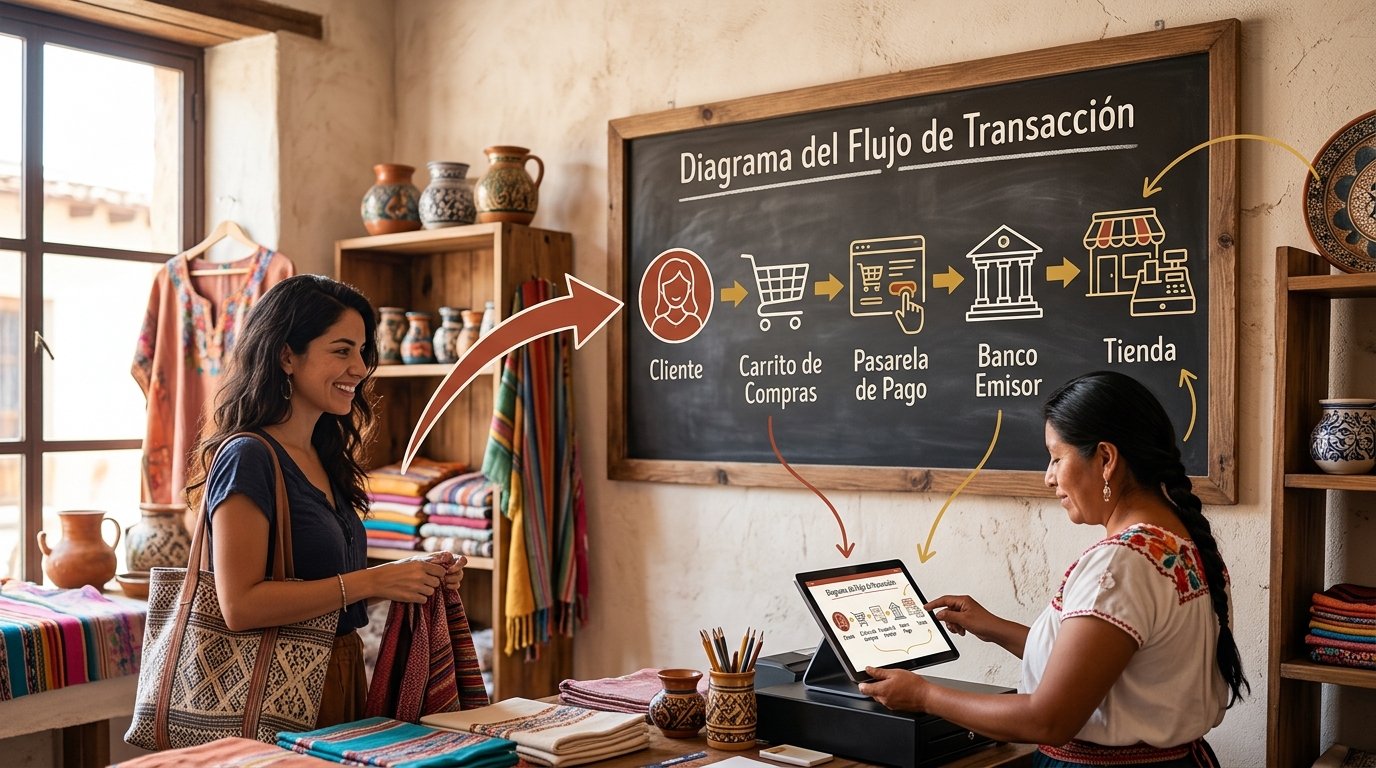 Diagrama con los pasos del flujo de transacción: cliente, carrito, pasarela, banco emisor y tienda