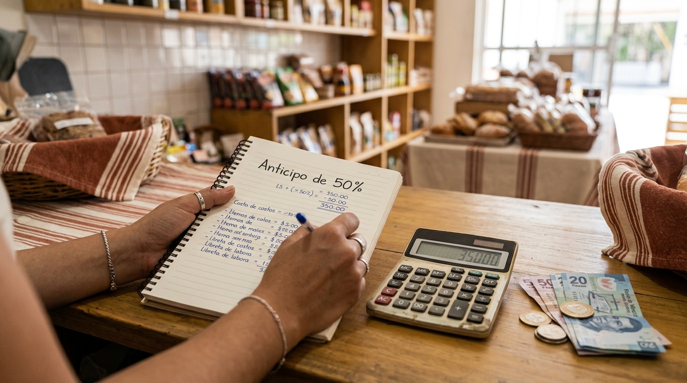Receta de costos en libreta con calculadora mostrando anticipo del 50 por ciento