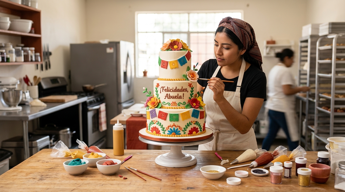 Pastel personalizado con decoración de fondant sobre mesa de trabajo