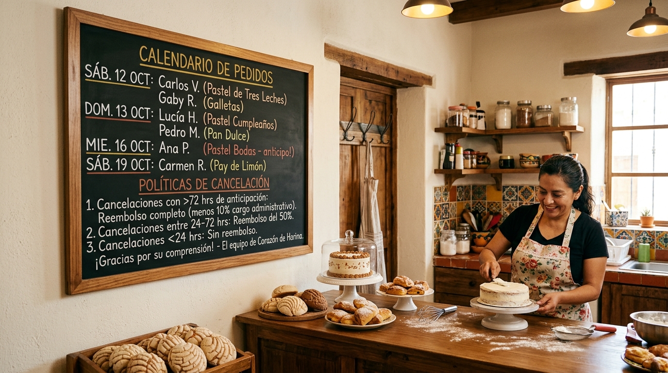 Tablero de pastelería con fechas de pedidos y políticas de cancelación visibles