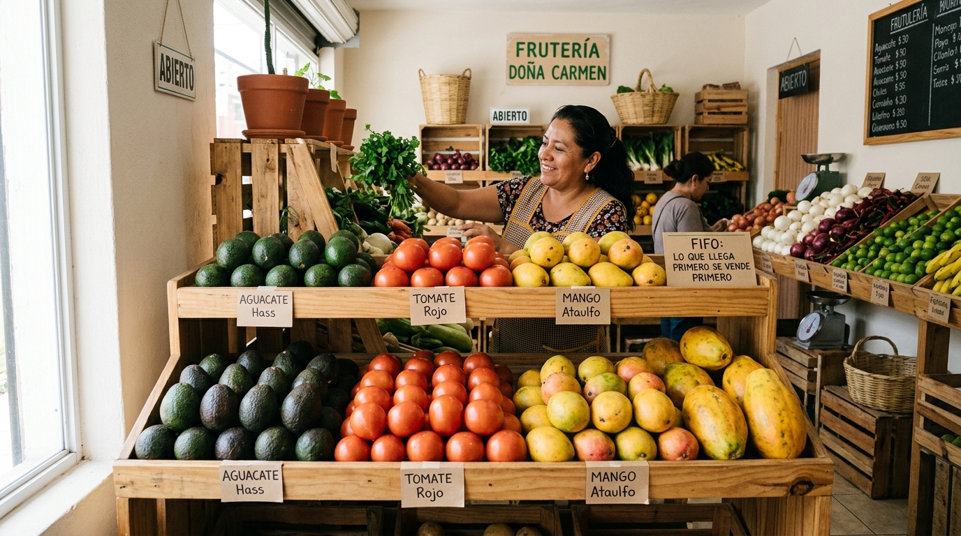 Frutas y verduras acomodadas con método FIFO en exhibidor de verdulería, con producto nuevo atrás y viejo al frente