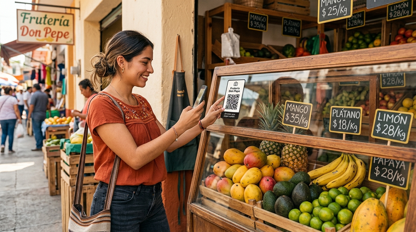 Mujer escaneando código QR pegado en la vitrina de frutas de una verdulería de barrio