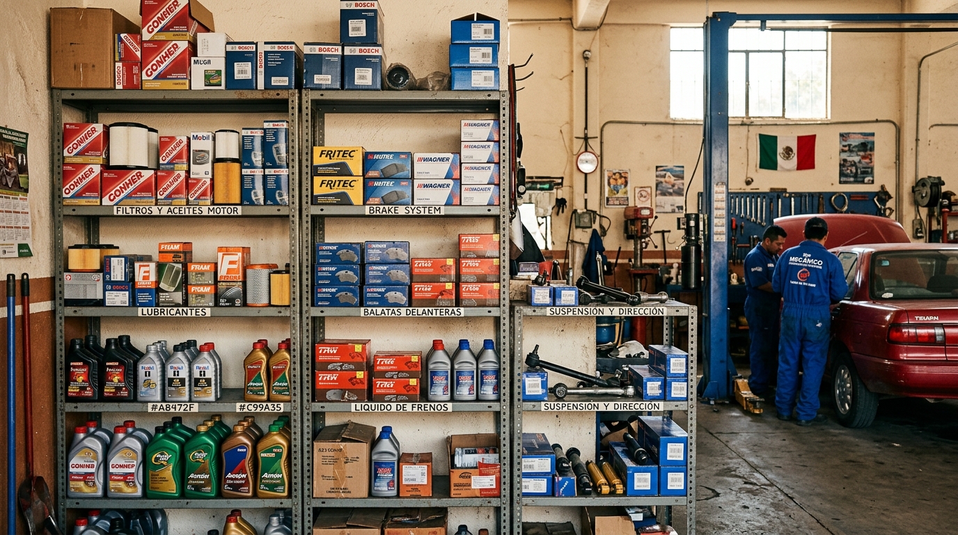 Estantes de taller mecánico con filtros, balatas y aceites acomodados por sistema del vehículo