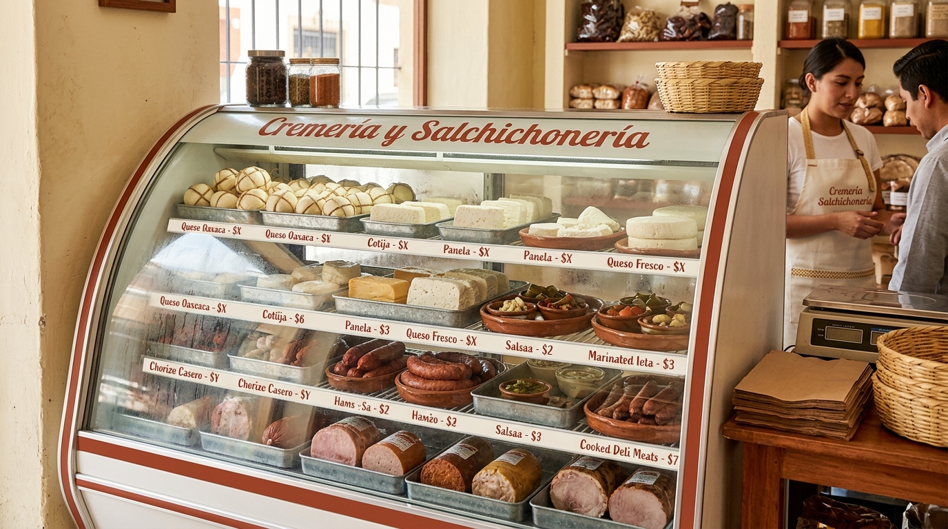 Vitrina refrigerada de cremería con charolas de queso y embutidos a distintas temperaturas