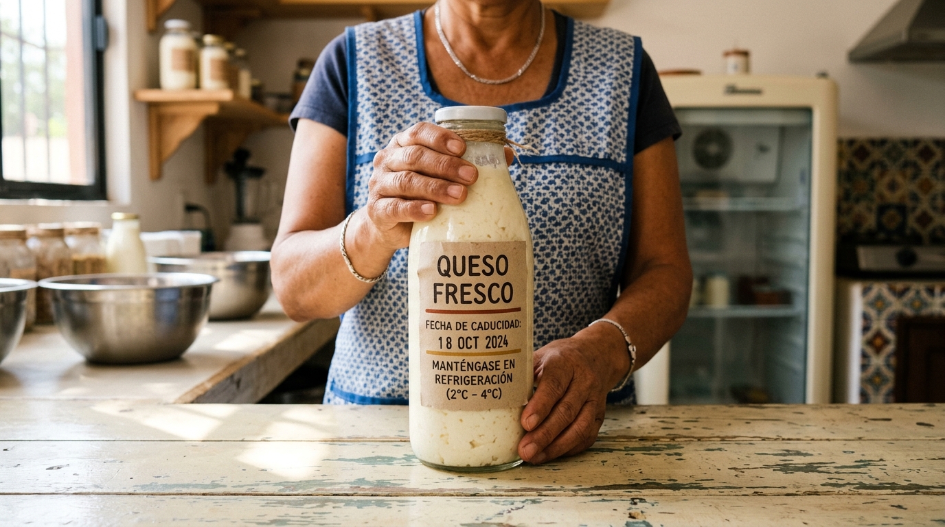 Etiqueta de producto lácteo mostrando fecha de caducidad y refrigeración