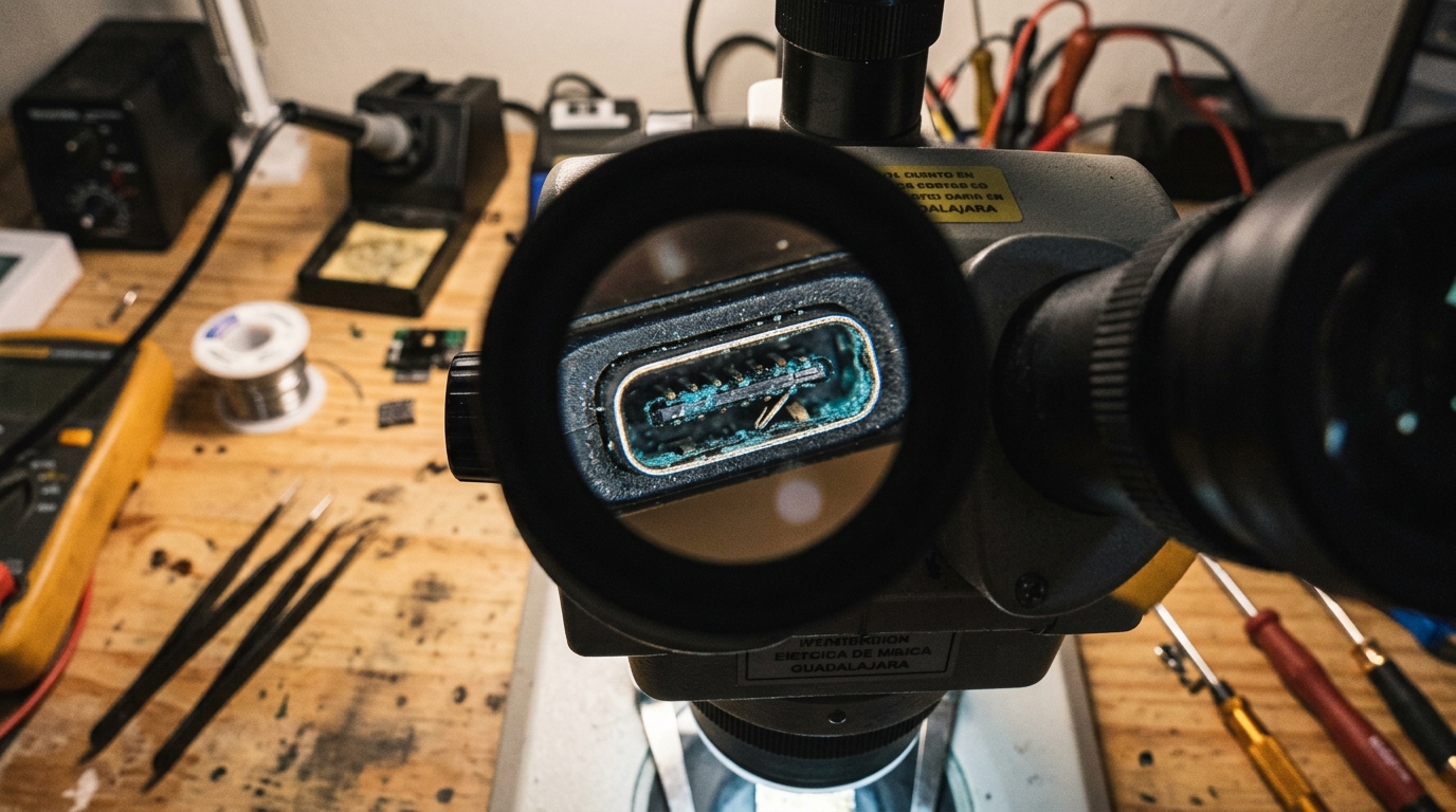 Vista ampliada de puerto de carga USB-C sulfatado y con pin doblado bajo microscopio de taller de reparación