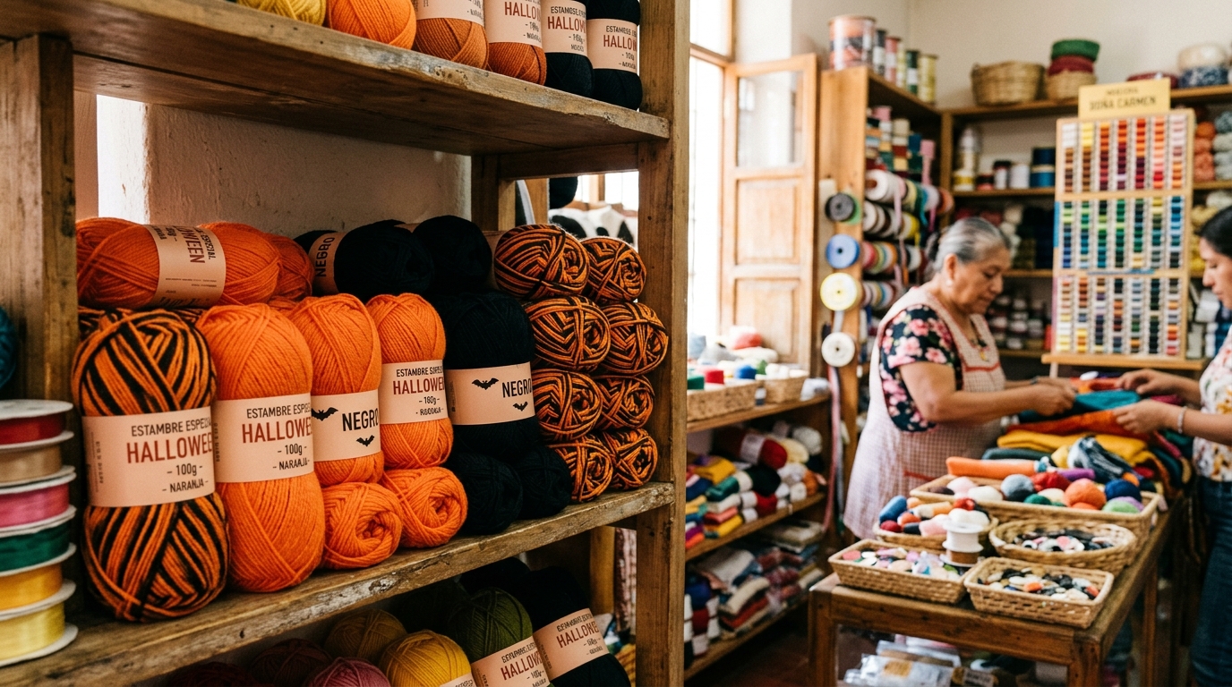 Estante de mercería con madejas de estambre naranja y negro sin vender después de Halloween