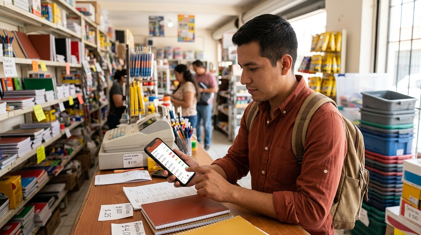 Cobrador revisando cartera de clientes en smartphone