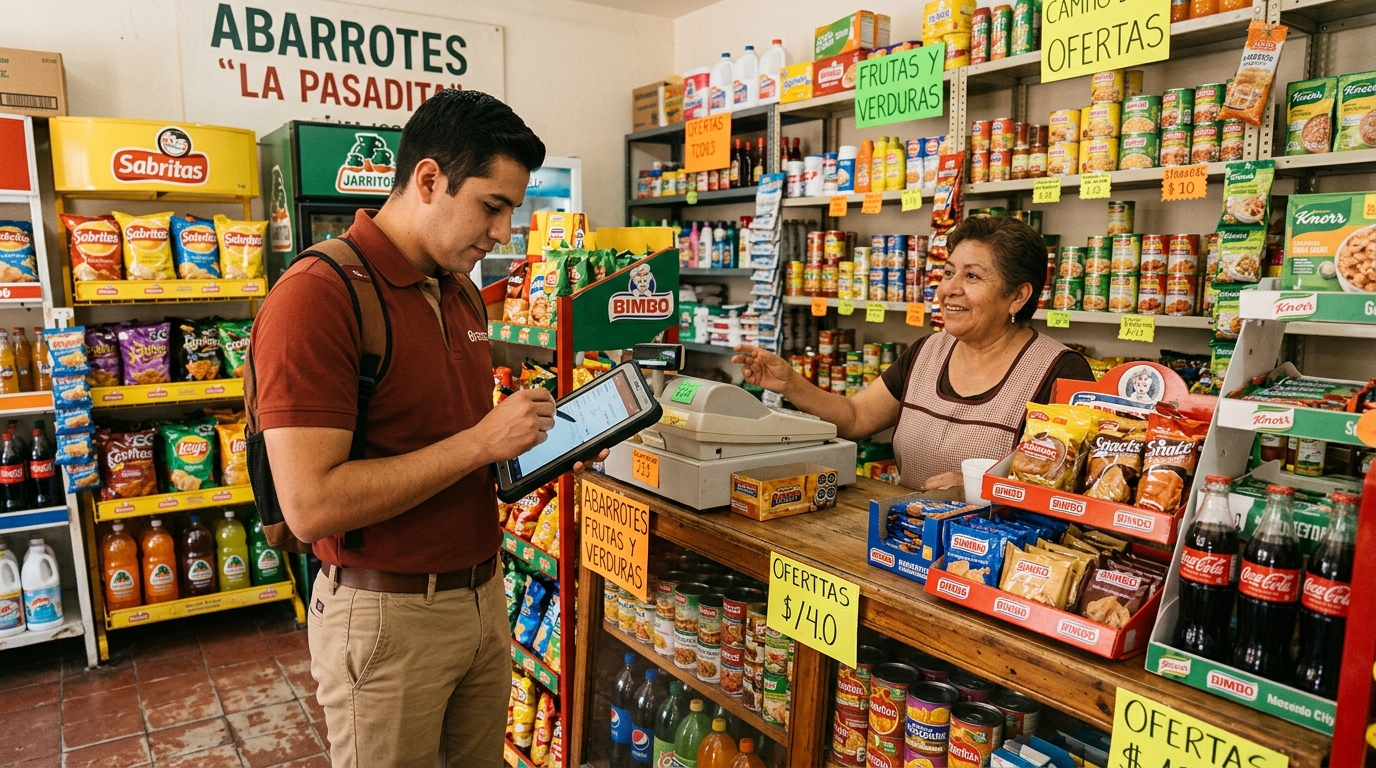 Preventista capturando pedido con tablet en tienda de abarrotes