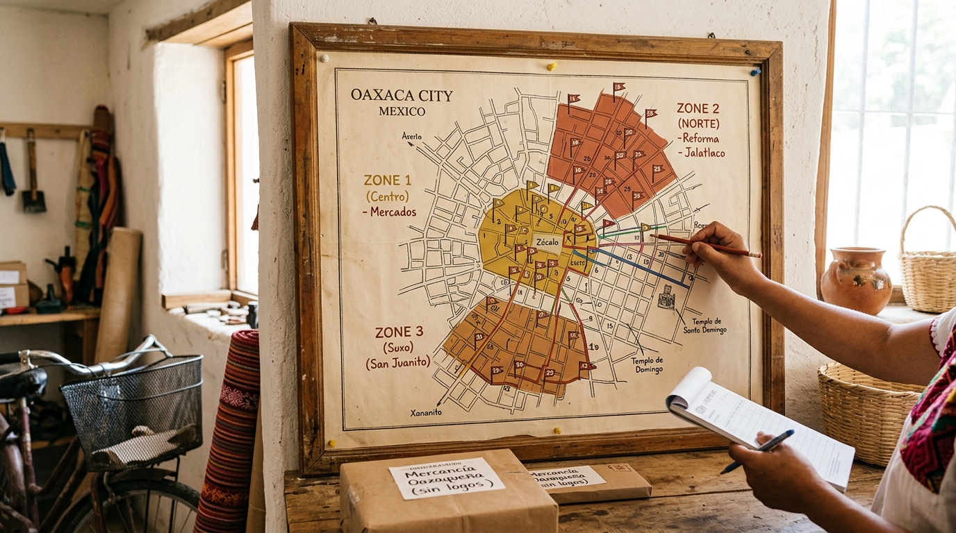 Mapa con paradas de reparto marcadas por zonas de ciudad