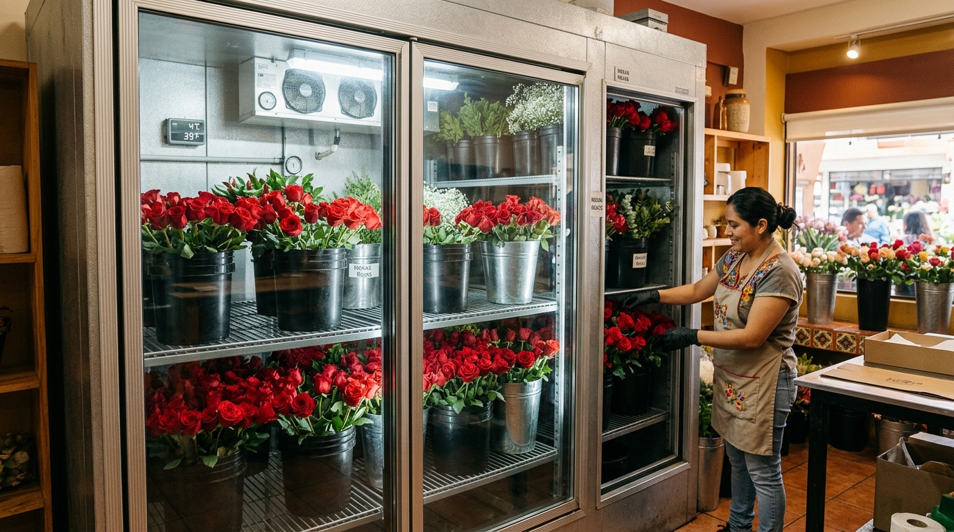 Cámara fría de florería con rosas rojas almacenadas en cubetas con agua dentro de un refrigerador industrial