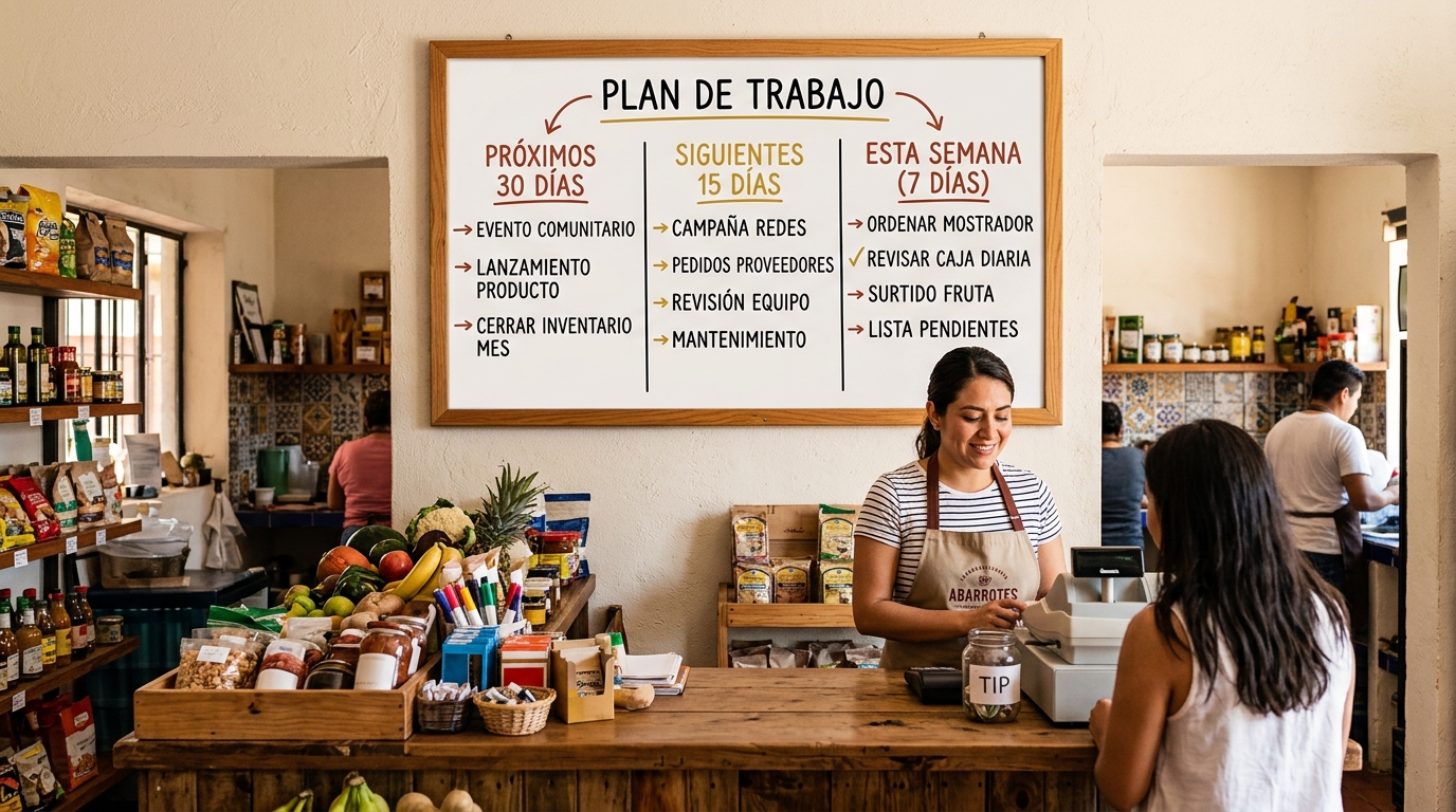 Tablero de planificación pegado arriba del mostrador con los tres bloques de 30, 15 y 7 días escritos en marcadores de colores