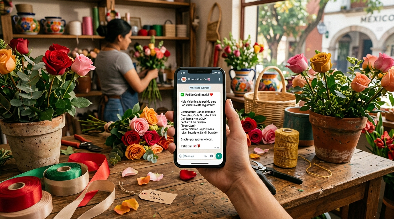 Pantalla de celular con plantilla de WhatsApp Business confirmando pedido de San Valentín con datos del destinatario