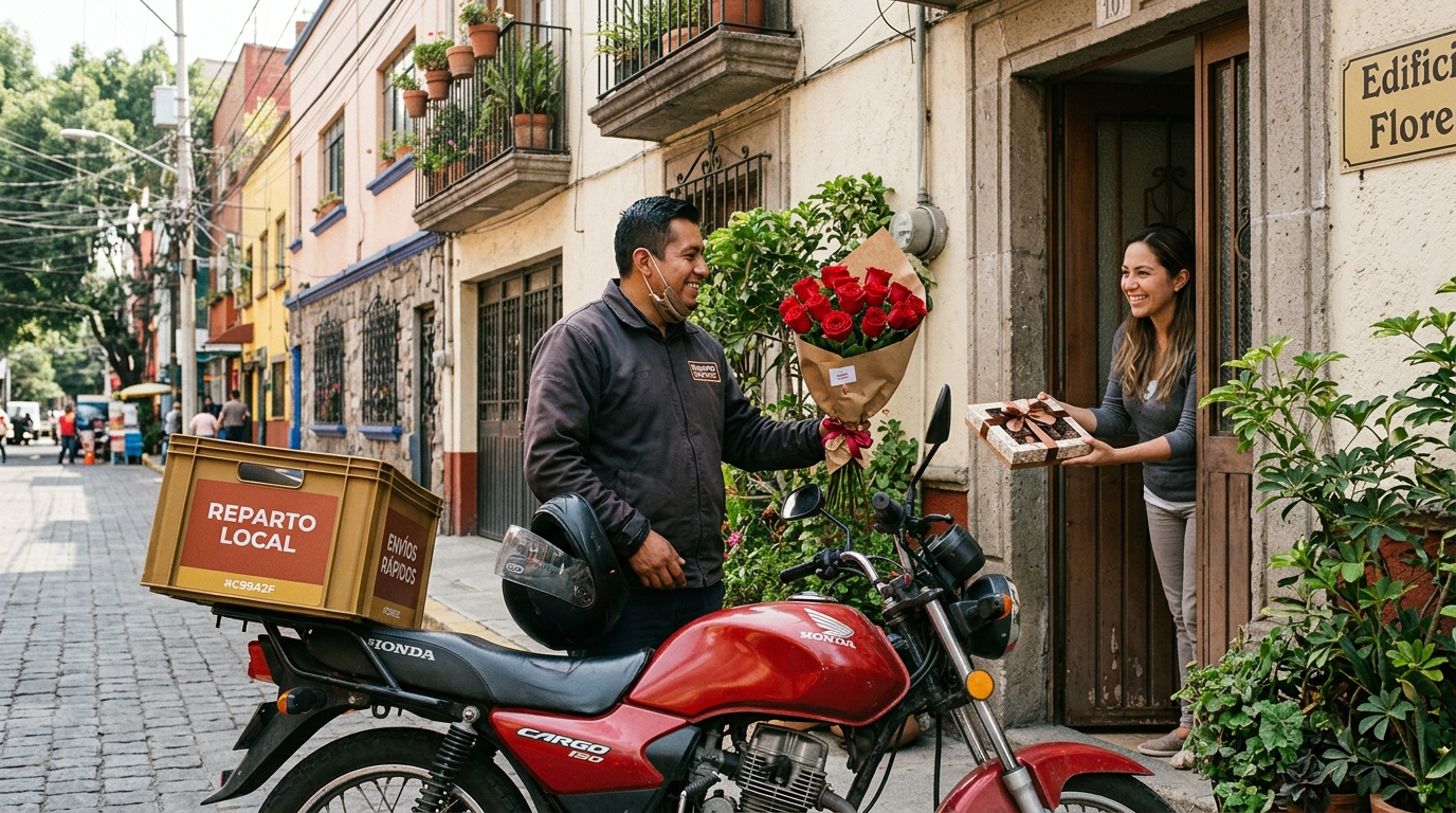 Repartidor en moto entregando ramo de rosas rojas con caja de chocolates en la puerta de un edificio