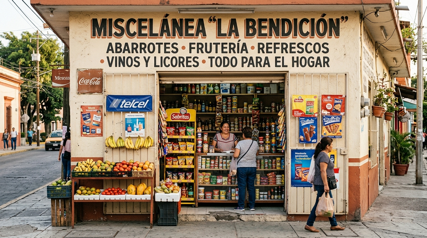 Fachada de una miscelánea mexicana con letrero visible y anaqueles al fondo