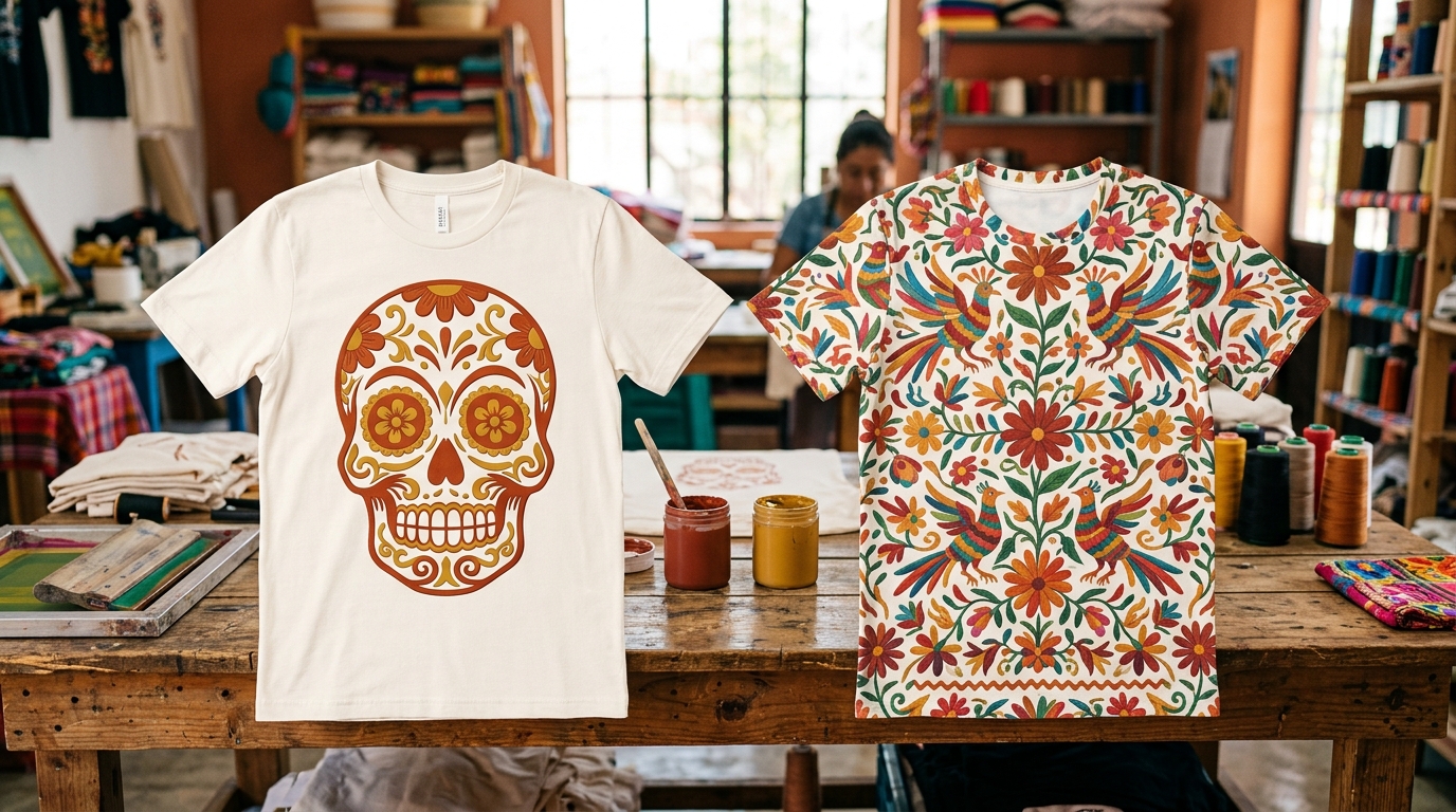 Comparación visual entre playera estampada en serigrafía plastisol y otra con estampado por sublimación full color