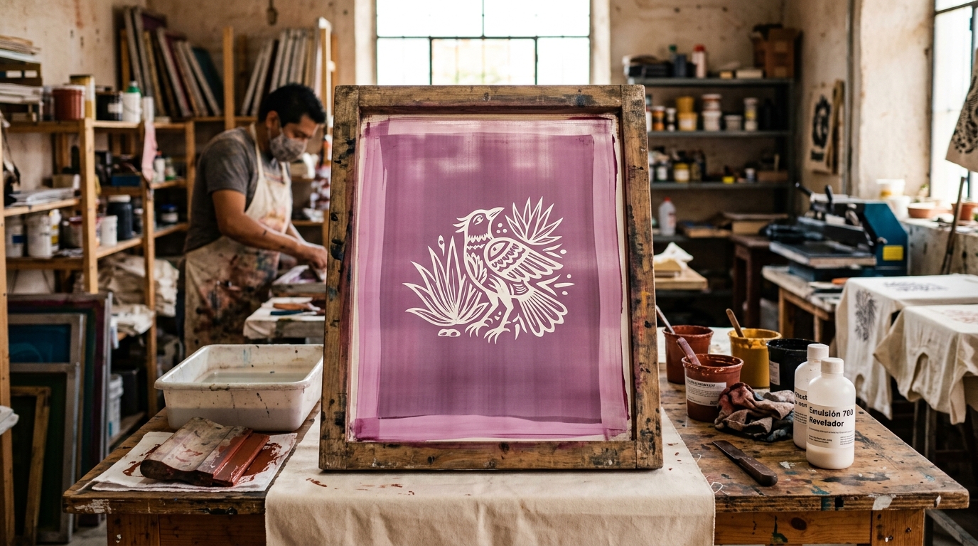 Pantalla serigráfica con emulsión fotográfica revelada, mostrando el logo impreso en la malla tensada