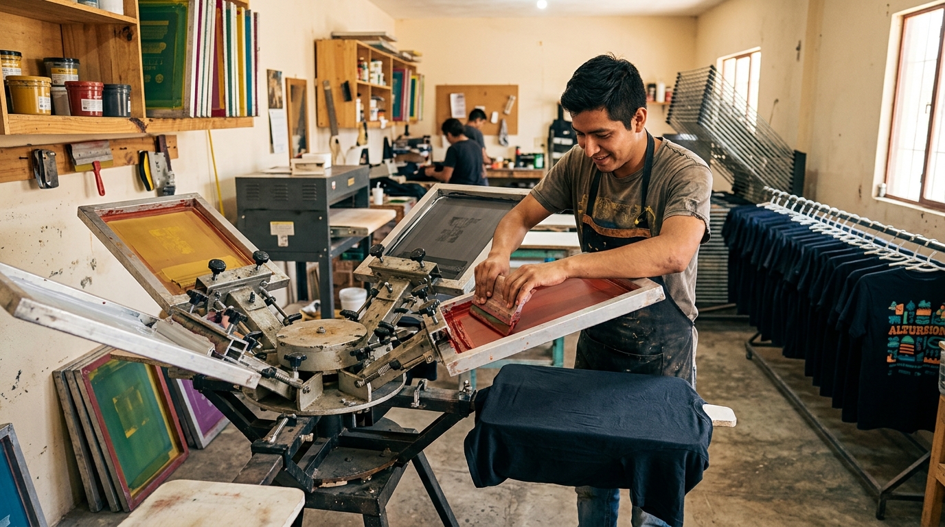 Prensa de serigrafía de cuatro colores con micro-registro para tirajes largos de playeras