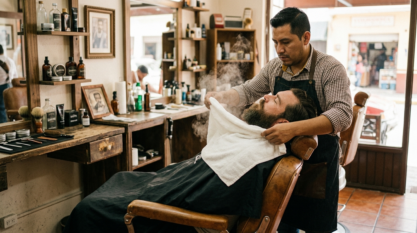 Barbero aplicando toalla caliente sobre la barba de un cliente sentado en sillón de barbería
