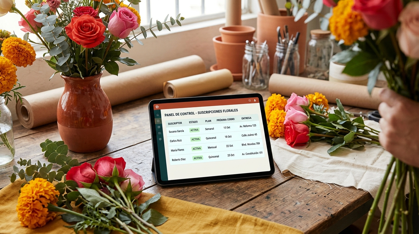 Captura de panel digital mostrando suscripciones florales activas, fechas de cobro y direcciones de entrega