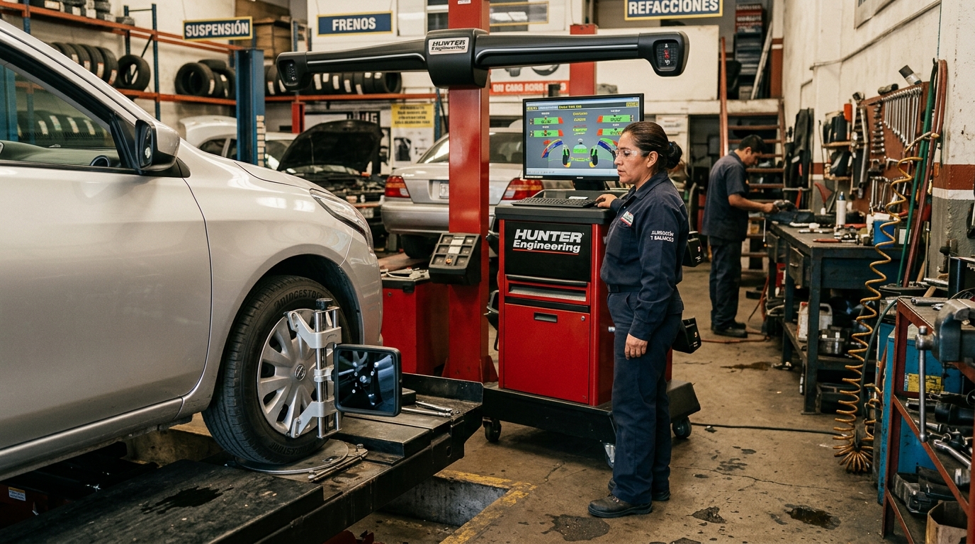Equipo de alineación computarizada midiendo ángulos de suspensión