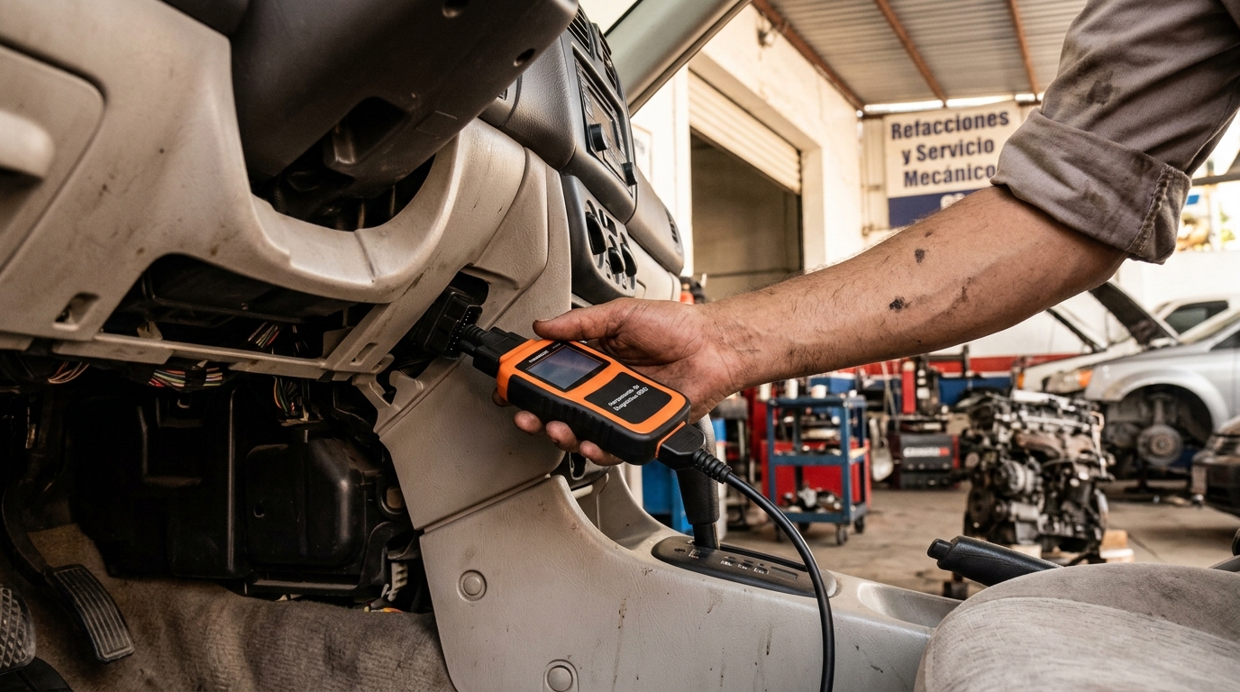 Escáner OBD2 conectado a puerto de diagnóstico del vehículo