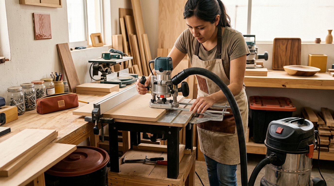 Fresadora de mesa trabajando un canto de MDF con guía y aspiración conectada