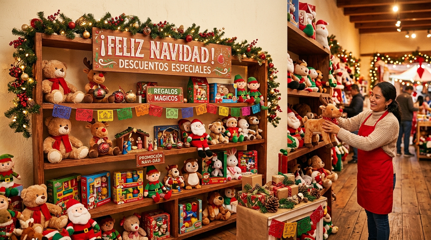 Anaqueles de juguetería decorados con peluches y letrero de descuentos para Navidad