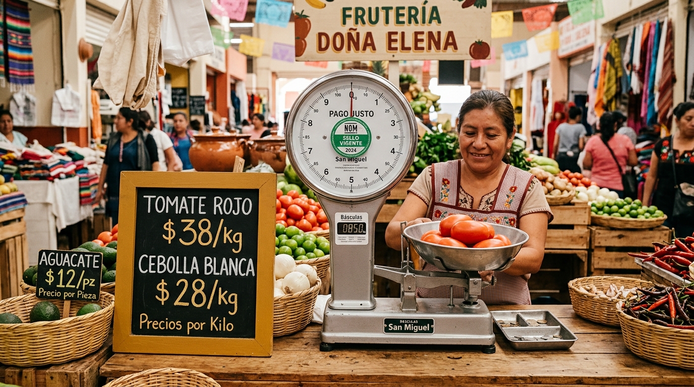 Báscula calibrada con sello vigente y letrero de precios por kilo y por pieza a la vista del público