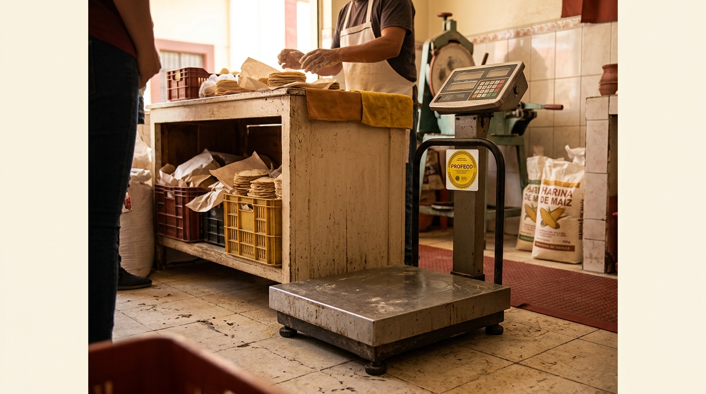Báscula de plataforma con sello PROFECO junto a mostrador de tortillería