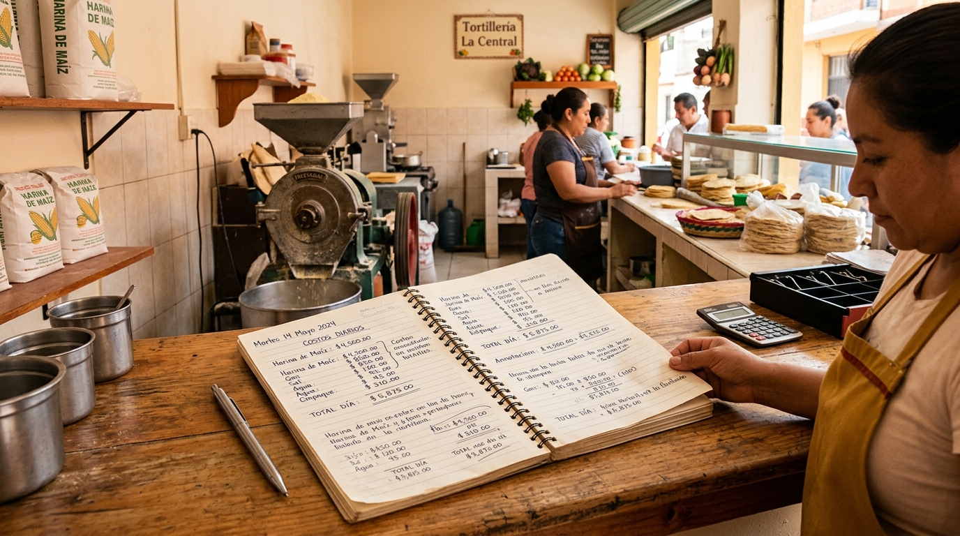 Cuaderno con costos diarios escritos a mano en una tortillería de barrio