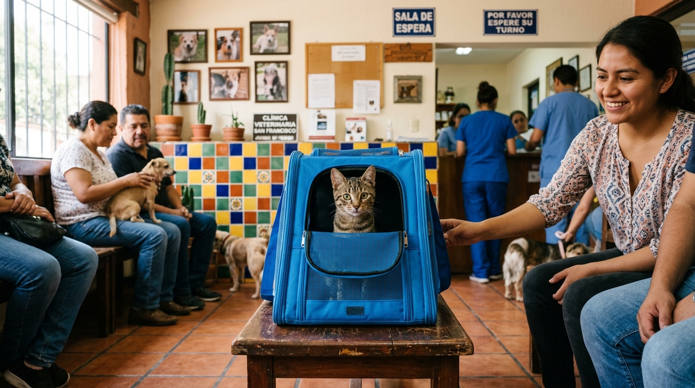 Gato dentro de un carrito transportador azul esperando turno en una clínica veterinaria