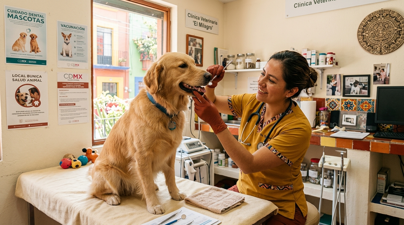 Veterinario revisando los dientes de un perro golden retriever en una clínica de la Ciudad de México