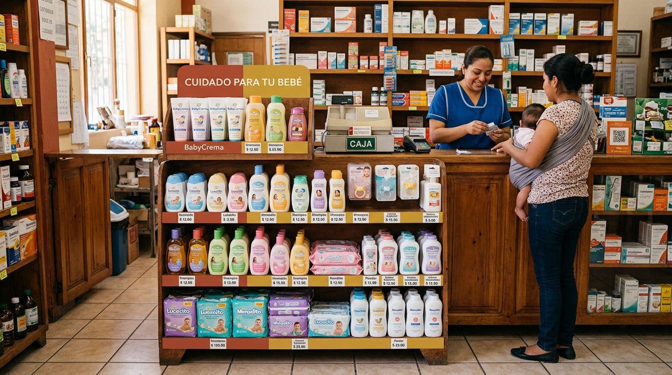 Exhibidor de piso frente a caja de farmacia con productos de higiene para bebé