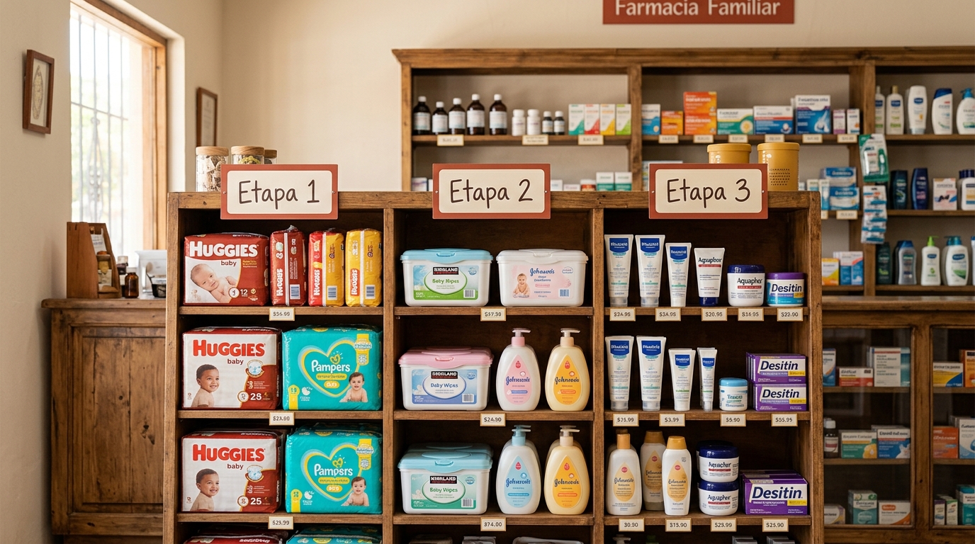 Lineal de farmacia con pañales, toallitas y cremas para bebé acomodados por etapas