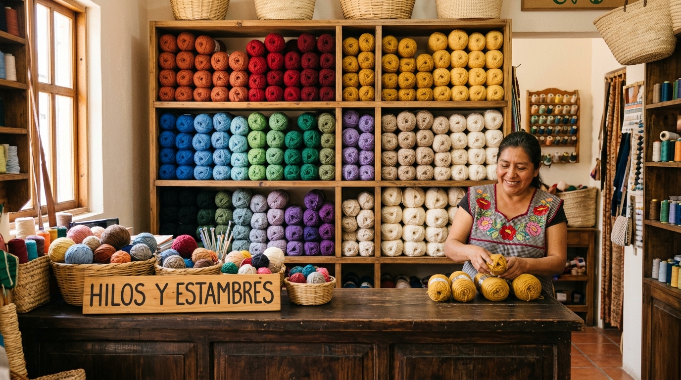 Mostrador de mercería con madejas de estambre acomodadas por colores en estantes de madera