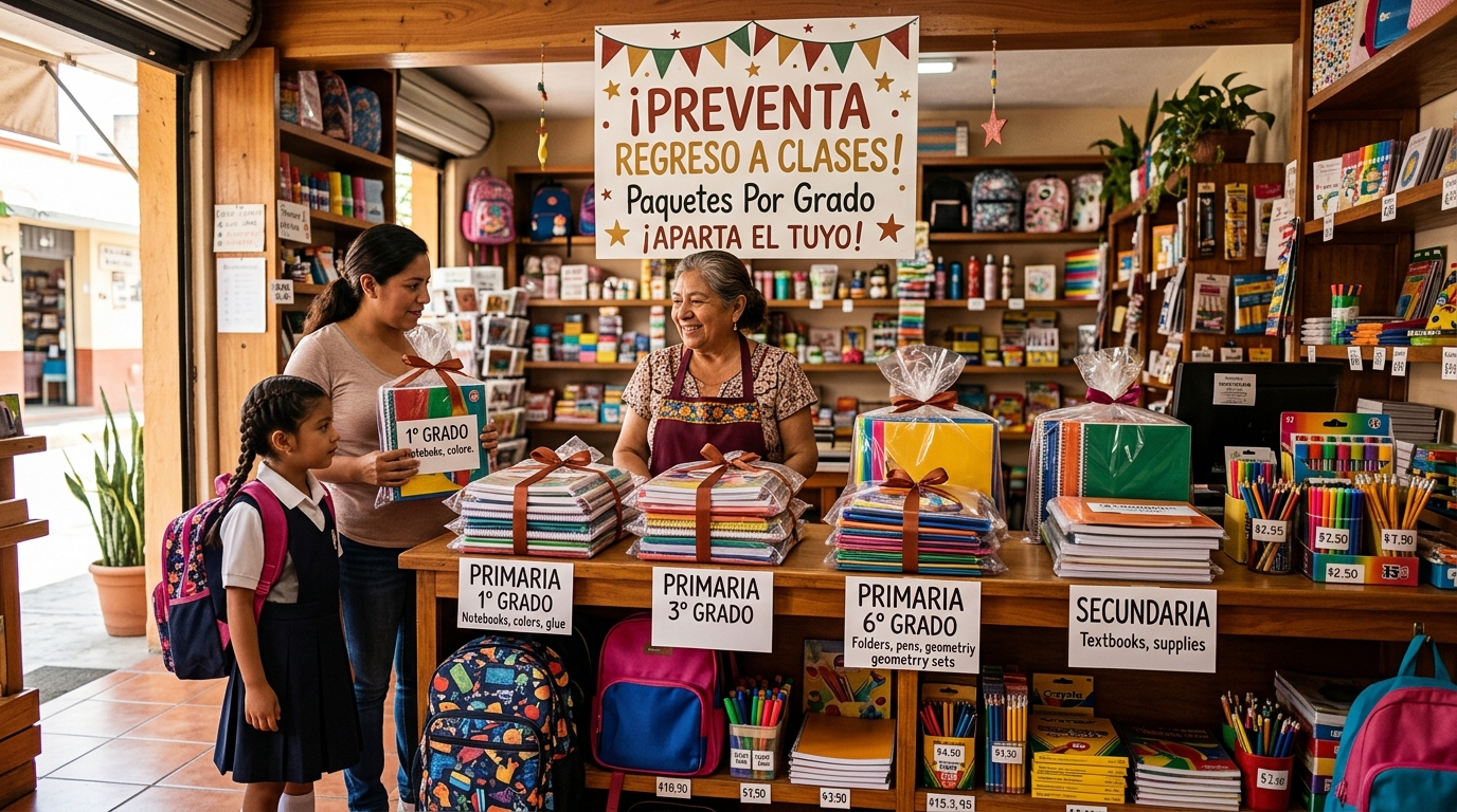 Mostrador de tienda de novedades con paquetes escolares por grado exhibidos y cartel de preventa regreso a clases