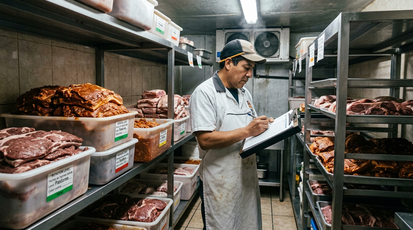 alt: Taquero revisando inventario y rotación de carne en cámara refrigeradora