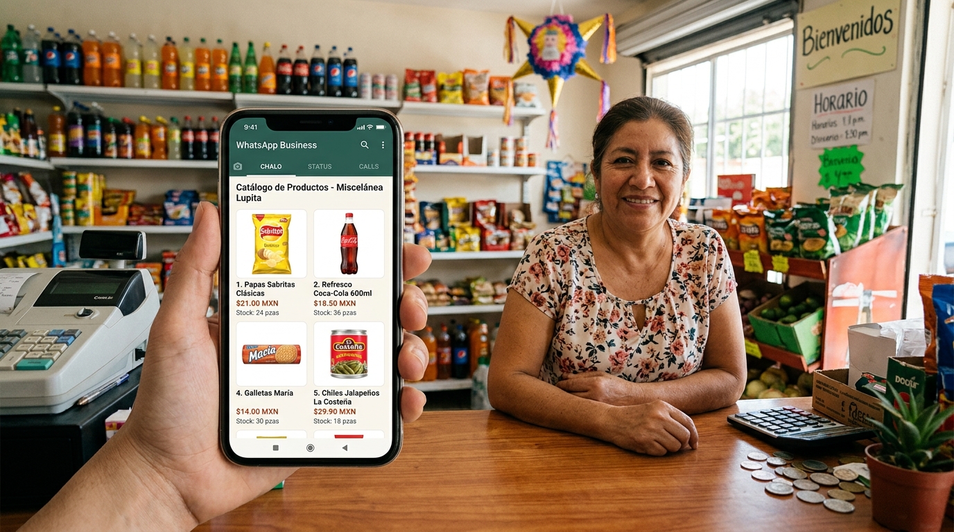 Captura de pantalla del catálogo de WhatsApp Business mostrando productos de miscelánea con foto, precio y stock visibles