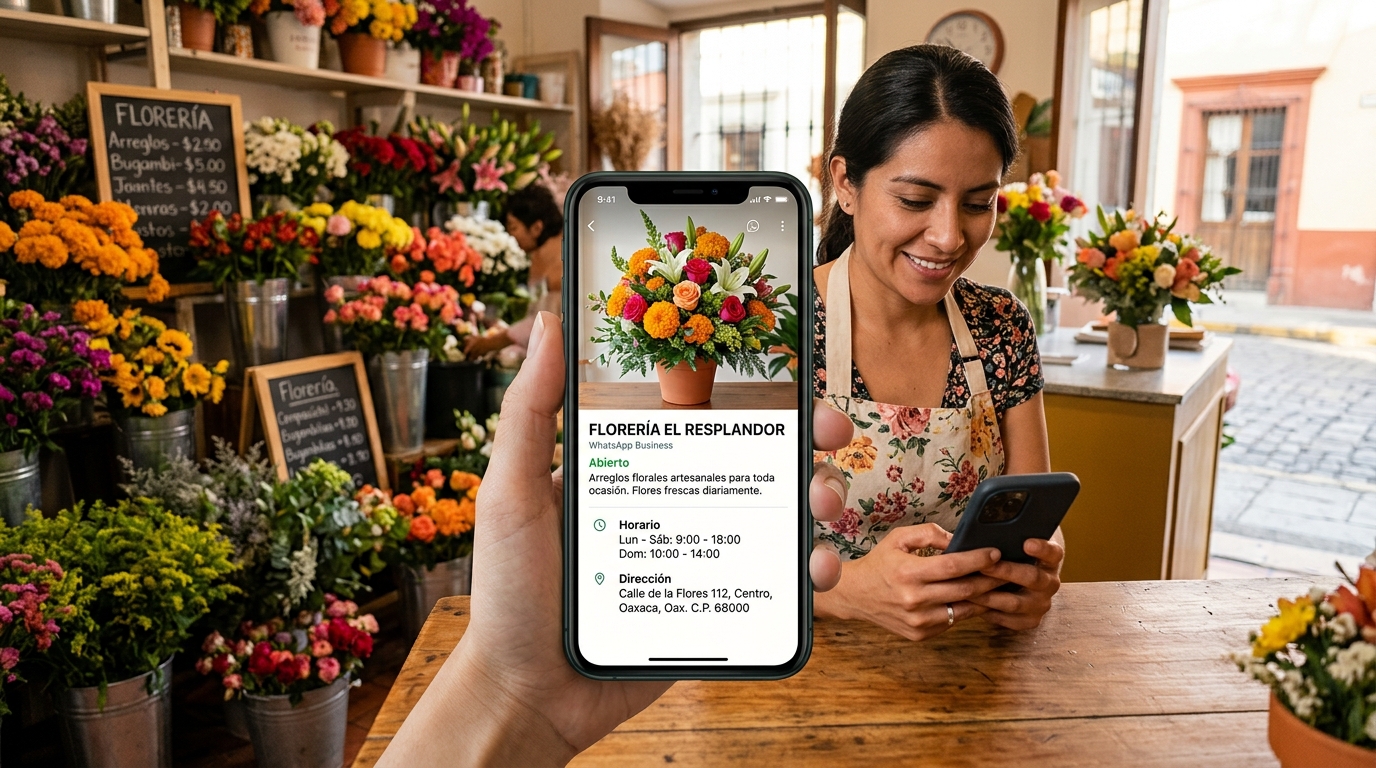 Perfil de WhatsApp Business de una florería mexicana mostrando foto de arreglo, horario y dirección visible