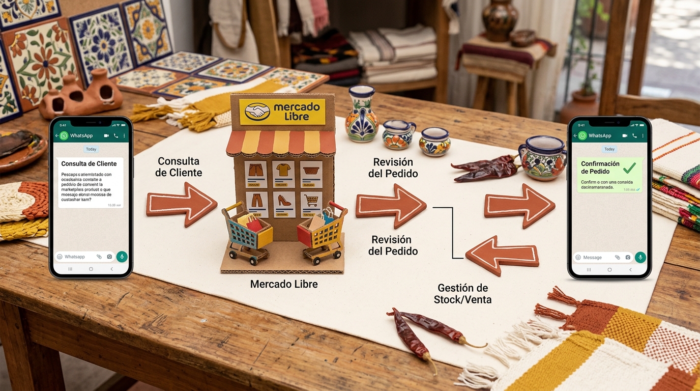 Diagrama de flujo mostrando cómo una consulta de cliente pasa de WhatsApp al marketplace y vuelve al WhatsApp con confirmación de pedido