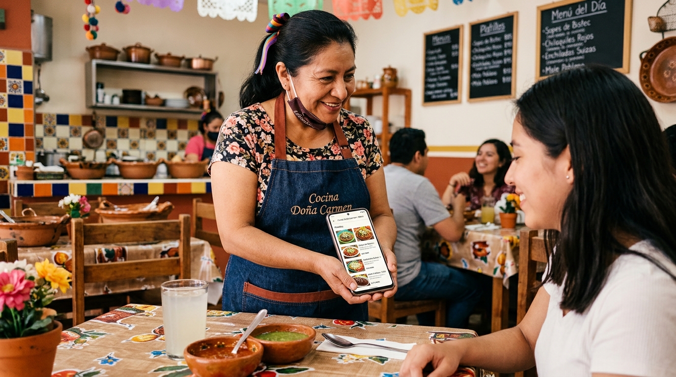 Catálogo digital de platillos de fonda mexicana con precios visibles en pantalla de celular