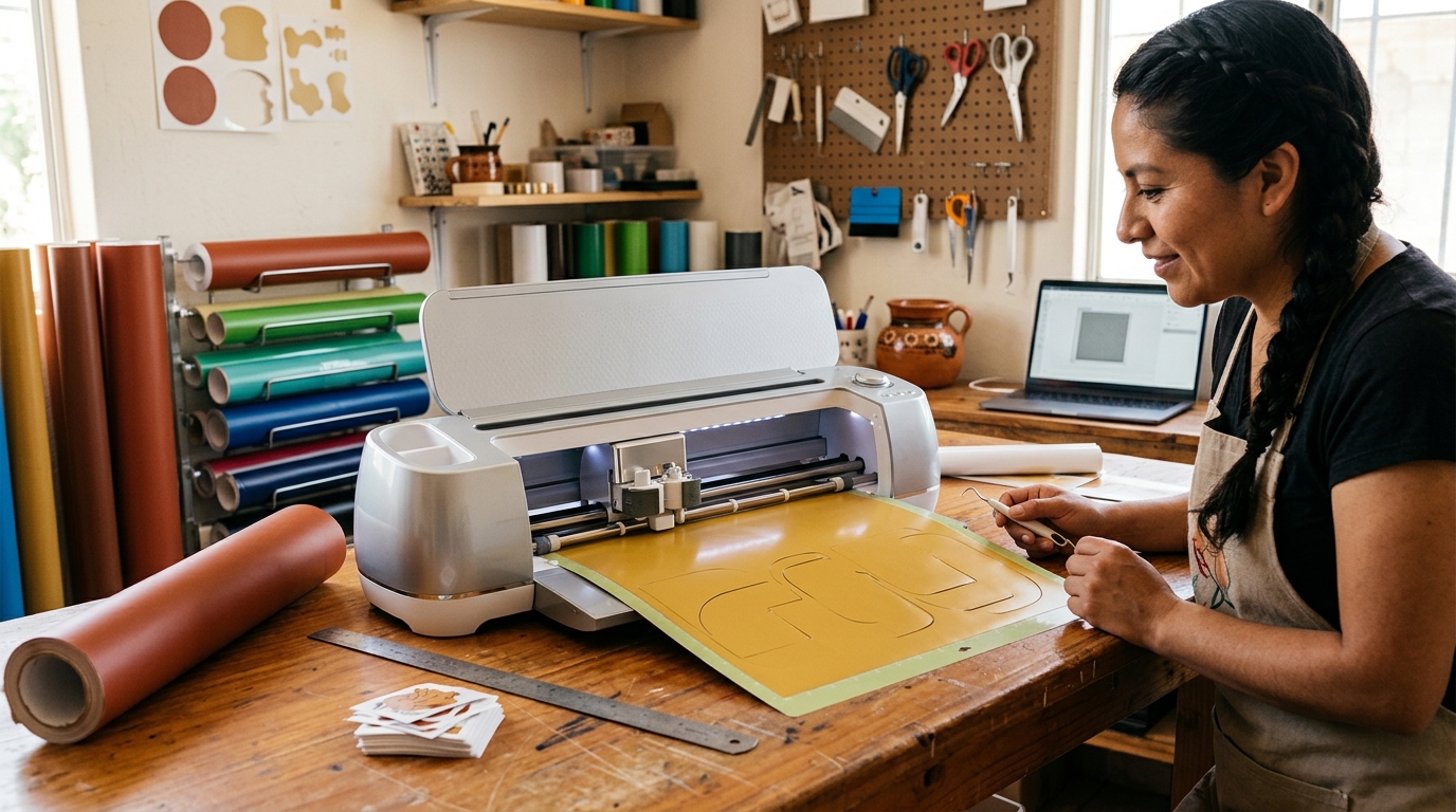 Plotter de corte profesional cortando vinilo adhesivo de color sólido sobre mesa de trabajo