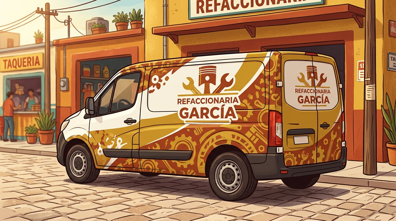 Wrap vehicular completo en una camioneta de reparto color blanco con logo de refaccionaria